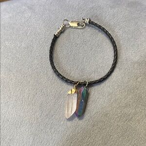 Black Leather Bracelet with Crystal Charms